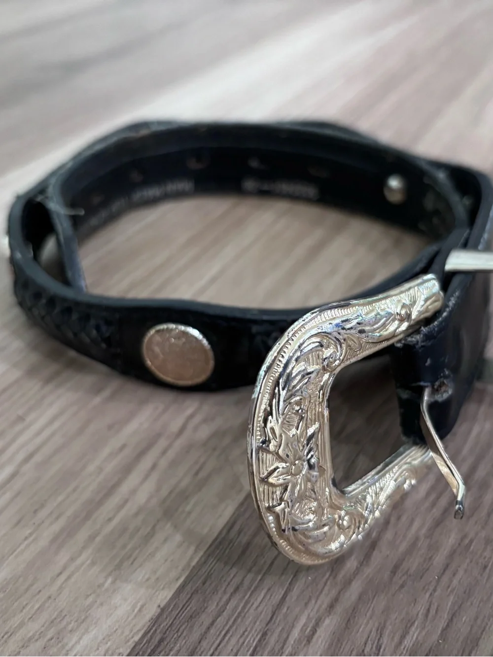 Kids Black Leather Western-Style Belt with Ornate Silver Buckle